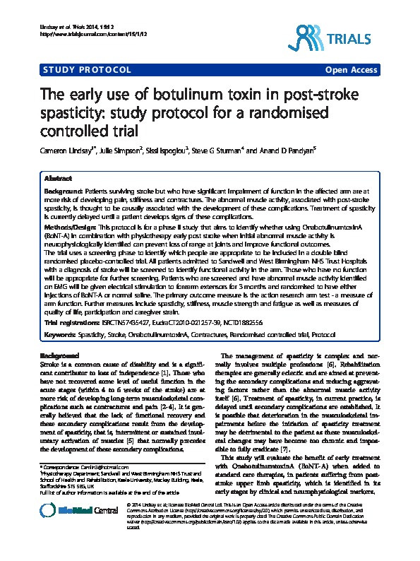 The early use of botulinum toxin in post-stroke spasticity: study protocol for a randomised controlled trial Thumbnail
