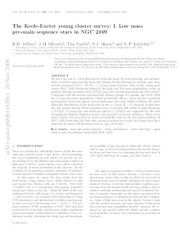 The Keele–Exeter young cluster survey – I. Low-mass pre-main-sequence stars in NGC 2169 Thumbnail