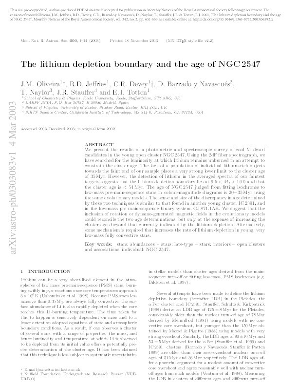The lithium depletion boundary and the age of NGC 2547 Thumbnail