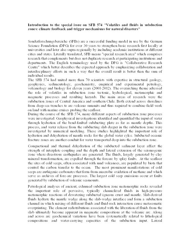 Introduction to the special issue on SFB 574 'Volatiles and fluids in subduction zones: climate feedback and trigger mechanisms for natural disasters' Thumbnail