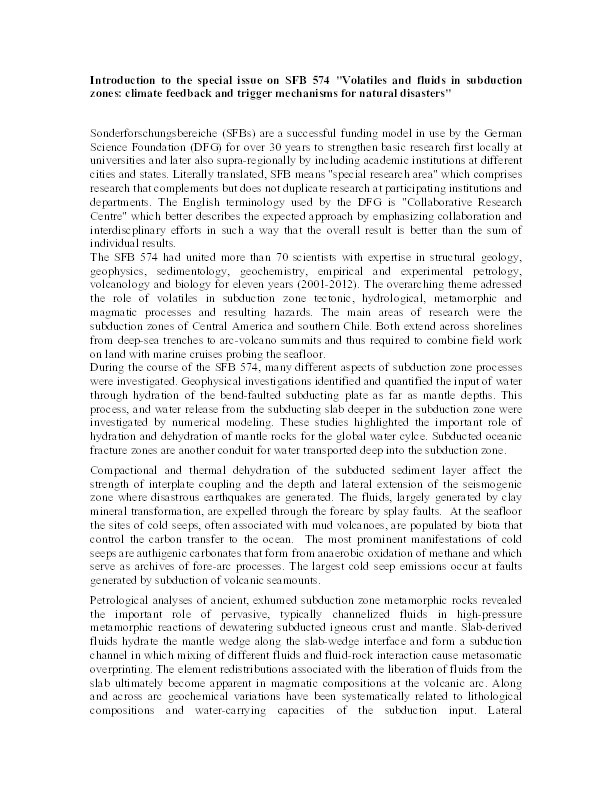 Introduction to the special issue on SFB 574 'Volatiles and fluids in subduction zones: climate feedback and trigger mechanisms for natural disasters' Thumbnail