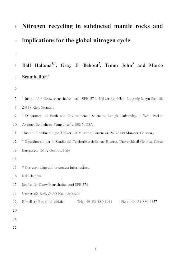 Nitrogen recycling in subducted mantle rocks and implications for the global nitrogen cycle Thumbnail