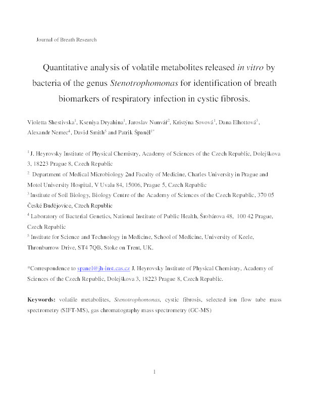 Quantitative analysis of volatile metabolites released in vitro by bacteria of the genus Stenotrophomonas for identification of breath biomarkers of respiratory infection in cystic fibrosis Thumbnail