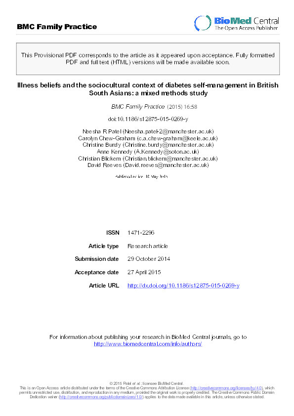 Illness beliefs and the sociocultural context of diabetes self-management in British South Asians: a mixed methods study Thumbnail
