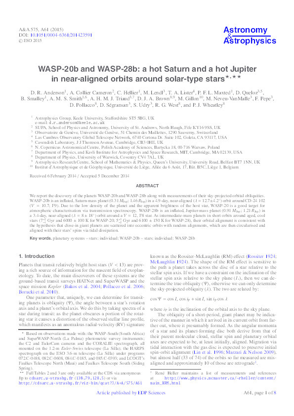 WASP-20b and WASP-28b: a hot Saturn and a hot Jupiter in near-aligned orbits around solar-type stars Thumbnail