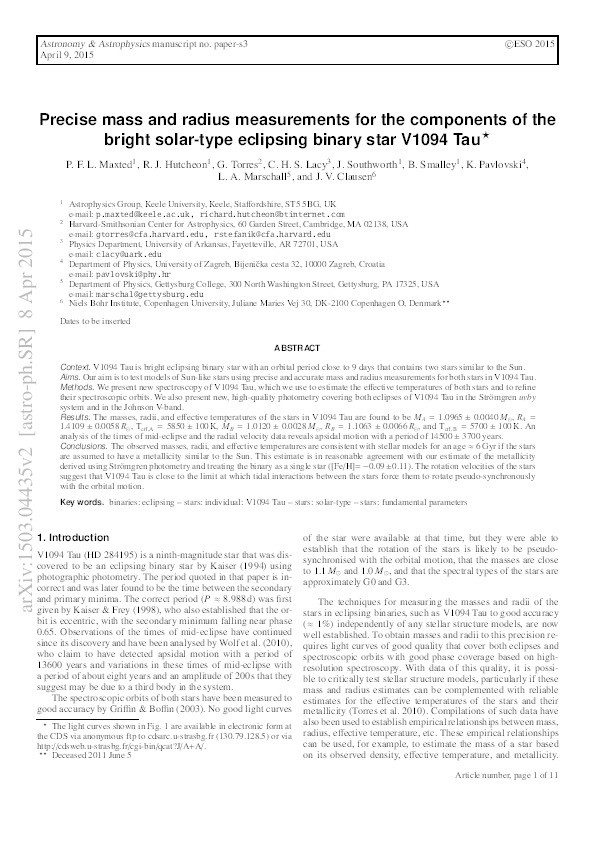 Precise mass and radius measurements for the components of the bright solar-type eclipsing binary star V1094 Tau Thumbnail