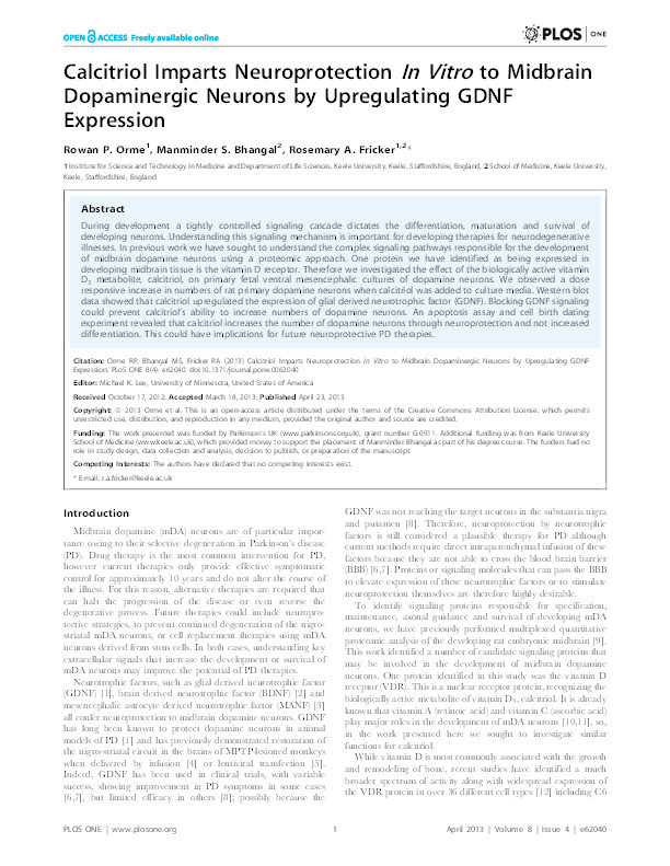 Calcitriol imparts neuroprotection in vitro to midbrain dopaminergic neurons by upregulating GDNF expression Thumbnail