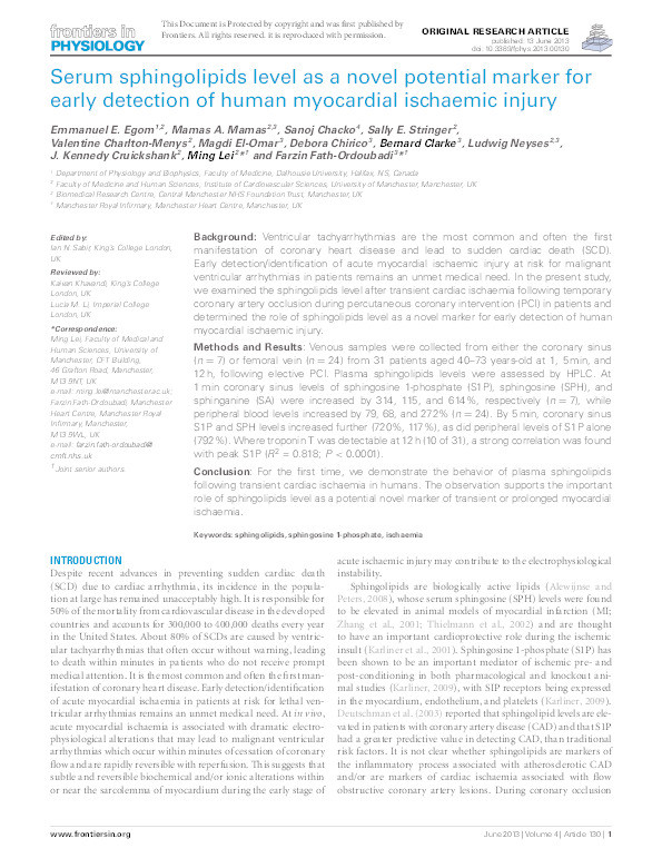 Serum sphingolipids level as a novel potential marker for early detection of human myocardial ischaemic injury Thumbnail