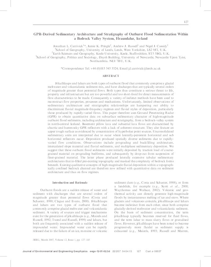 GPR-derived sedimentary architecture and stratigraphy of outburst flood sedimentation within a bedrock valley system, Hraundalur, Iceland Thumbnail