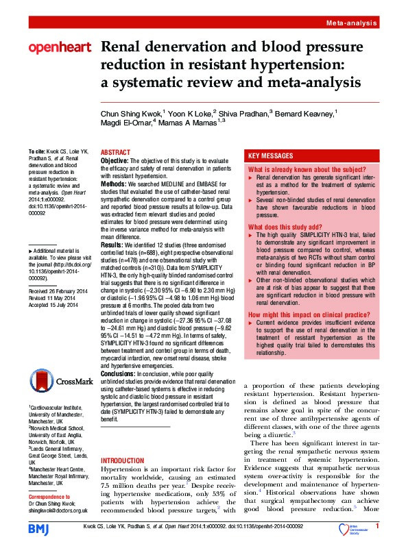 Renal denervation and blood pressure reduction in resistant hypertension: a systematic review and meta-analysis Thumbnail