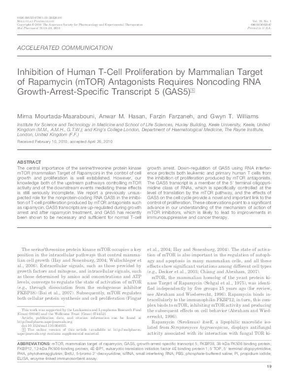 Inhibition of Human T-Cell Proliferation by mTOR antagonists requires Non-Coding RNA growth-arrest-specific transcript 5 (GAS5) Thumbnail