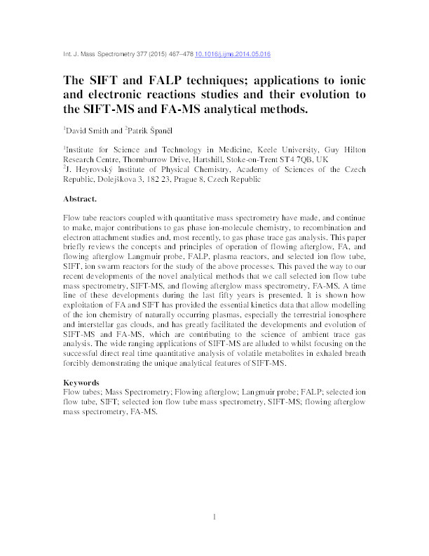 The SIFT and FALP techniques; applications to ionic and electronic reactions studies and their evolution to the SIFT-MS and FA-MS analytical methods Thumbnail