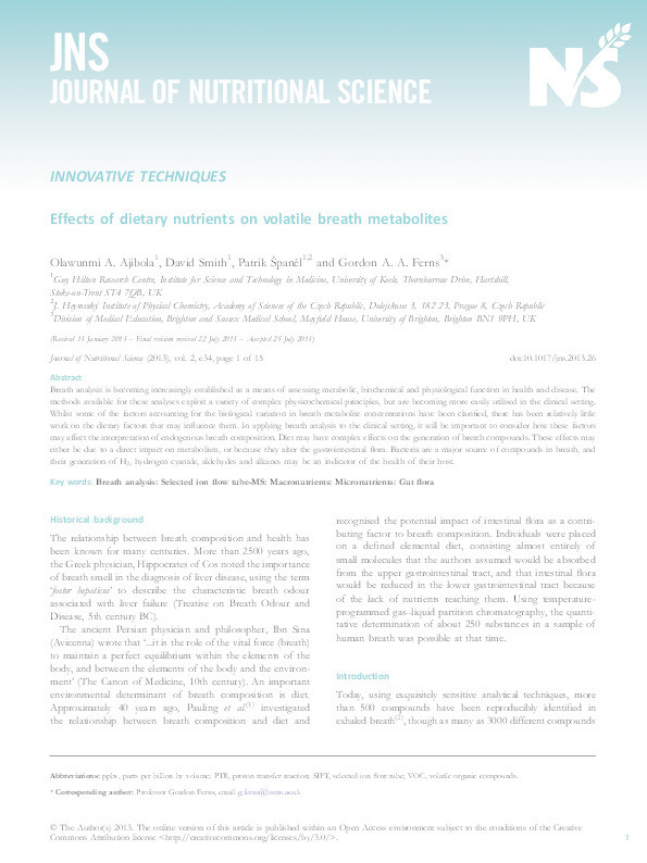 Effects of dietary nutrients on volatile breath metabolites Thumbnail