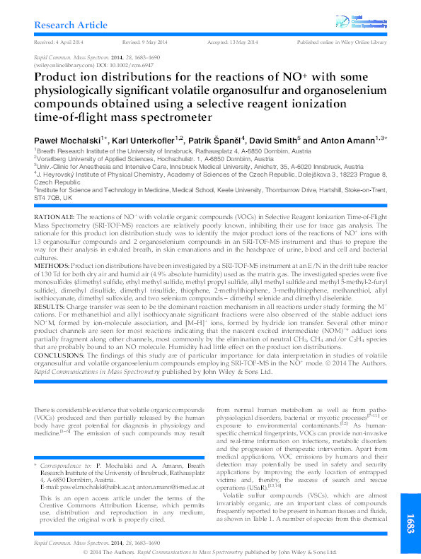 Product ion distributions for the reactions of NO(+) with some physiologically significant volatile organosulfur and organoselenium compounds obtained using a selective reagent ionization time-of-flight mass spectrometer Thumbnail