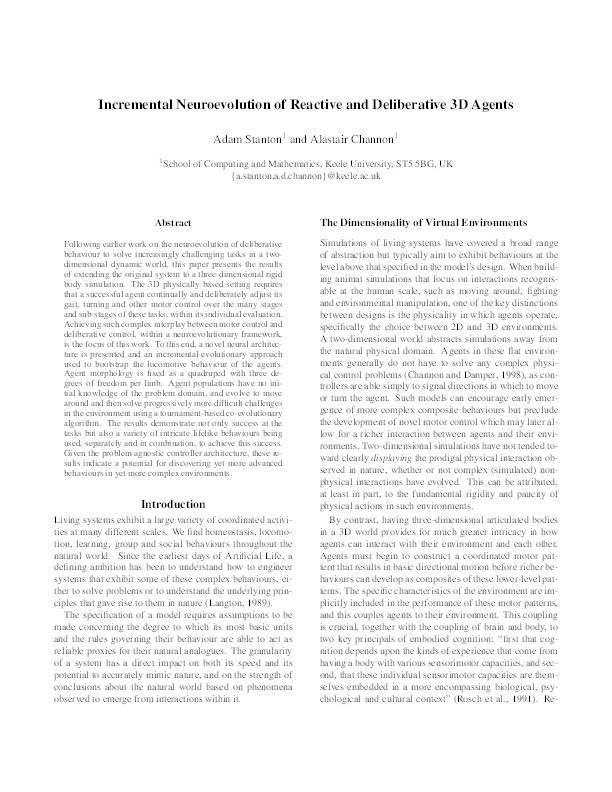 Incremental Neuroevolution of Reactive and Deliberative 3D Agents Thumbnail