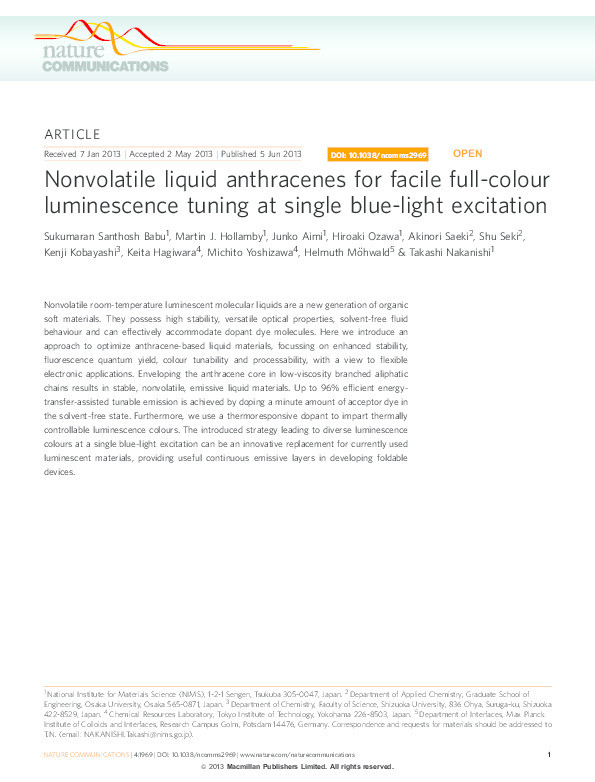 Nonvolatile liquid anthracenes for facile full-colour luminescence tuning at single blue-light excitation Thumbnail