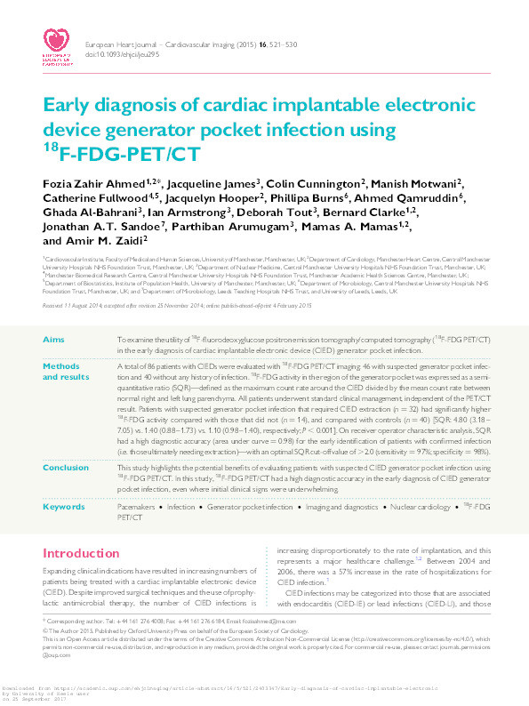 Early diagnosis of cardiac implantable electronic device generator pocket infection using 18F-FDG-PET/CT Thumbnail
