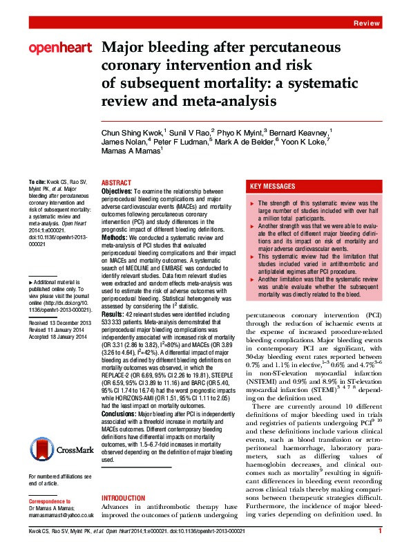 Major bleeding after percutaneous coronary intervention and risk of subsequent mortality: a systematic review and meta-analysis. Thumbnail