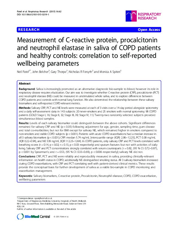 Measurement of C-reactive protein, procalcitonin and neutrophil elastase in saliva of COPD patients and healthy controls: correlation to self-reported wellbeing parameters Thumbnail