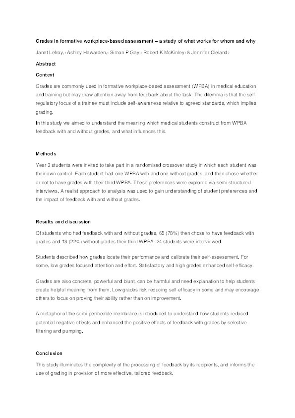 Grades in formative workplace-based assessment: a study of what works for whom and why Thumbnail