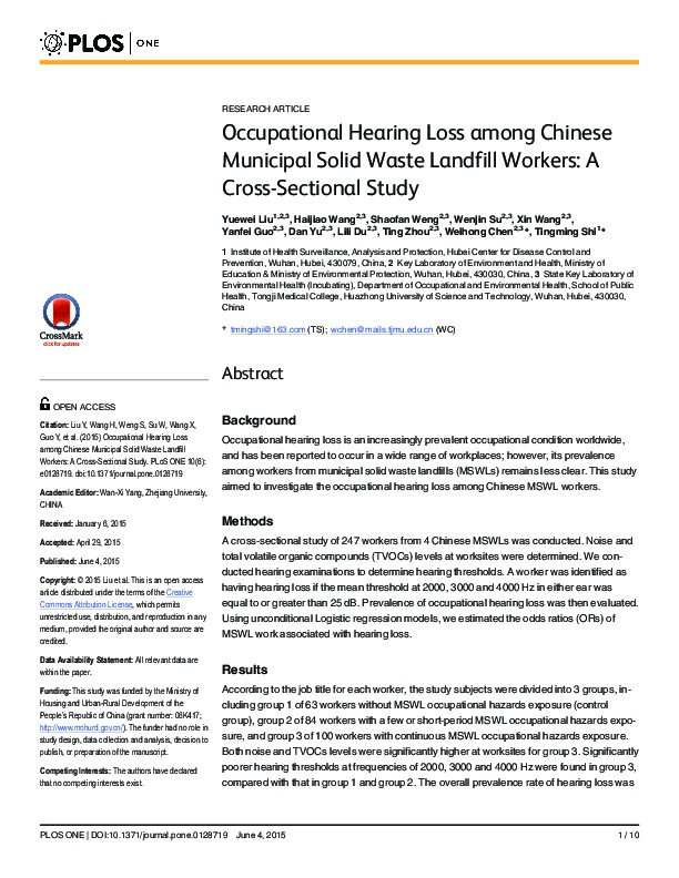 Occupational Hearing Loss among Chinese Municipal Solid Waste Landfill Workers: A Cross-Sectional Study Thumbnail