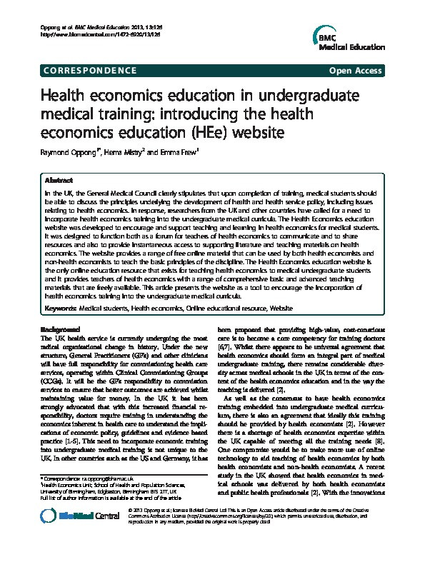 Health economics education in undergraduate medical training: introducing the health economics education (HEe) website Thumbnail