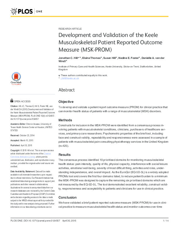 Development and Validation of the Keele Musculoskeletal Patient Reported Outcome Measure (MSK-PROM) Thumbnail