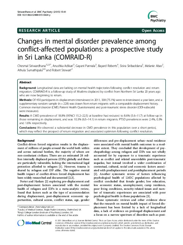 Changes in mental disorder prevalence among conflict-affected populations: a prospective study in Sri Lanka (COMRAID-R) Thumbnail
