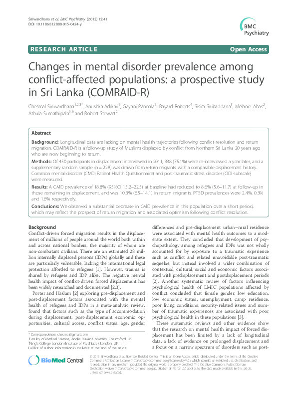 Changes in mental disorder prevalence among conflict-affected populations: a prospective study in Sri Lanka (COMRAID-R) Thumbnail