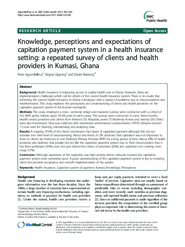 Knowledge, perceptions and expectations of capitation payment system in a health insurance setting: a repeated survey of clients and health providers in Kumasi, Ghana Thumbnail