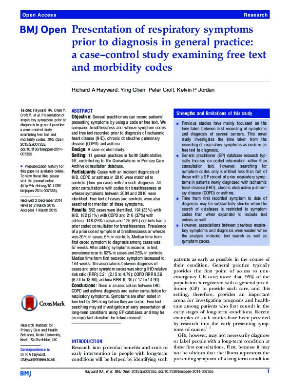 Presentation of respiratory symptoms prior to diagnosis in general practice: a case-control study examining free text and morbidity codes Thumbnail