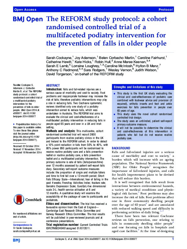 The REFORM study protocol: a cohort randomised controlled trial of a multifaceted podiatry intervention for the prevention of falls in older people Thumbnail