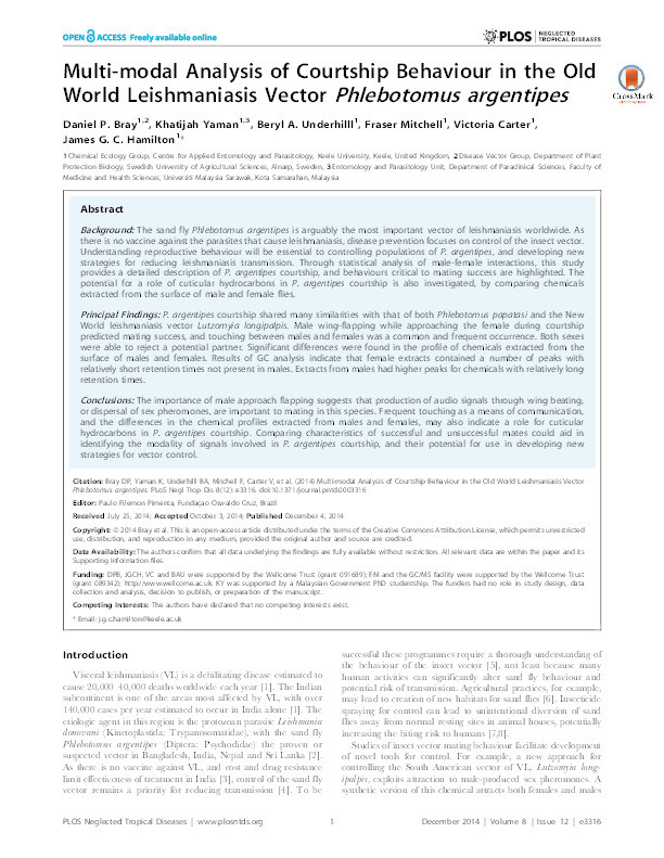 Multi-modal analysis of courtship behaviour in the old world leishmaniasis vector Phlebotomus argentipes Thumbnail