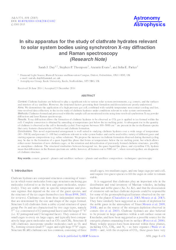 In situ apparatus for the study of clathrate hydrates relevant to solar system bodies using synchrotron X-ray diffraction and Raman spectroscopy (Research Note) Thumbnail