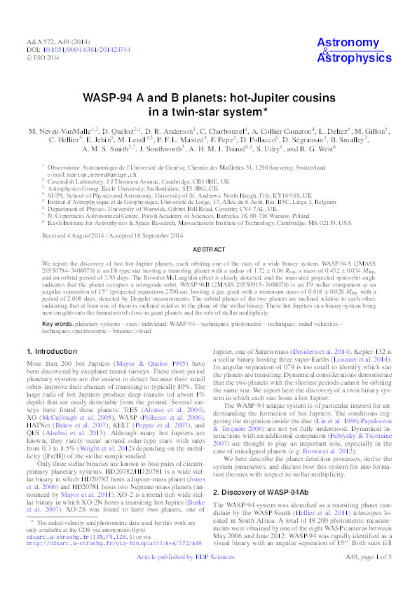 WASP-94 A and B planets: hot-Jupiter cousins in a twin-star system Thumbnail