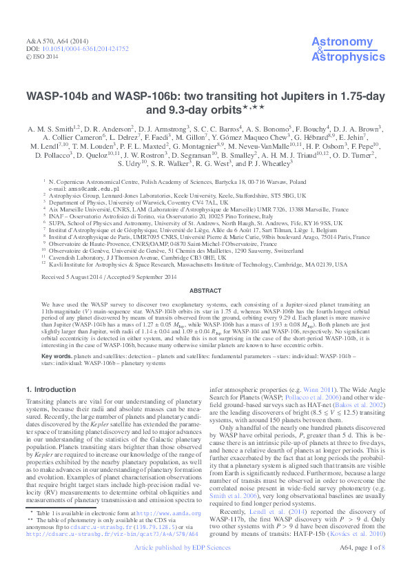 WASP-104b and WASP-106b: two transiting hot Jupiters in 1.75-day and 9.3-day orbits Thumbnail