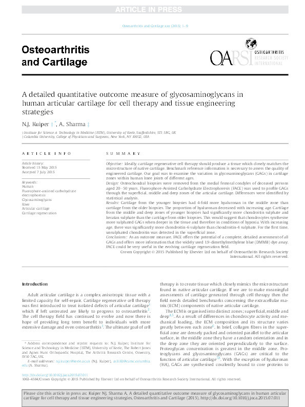 A detailed quantitative outcome measure of glycosaminoglycans in human articular cartilage for cell therapy and tissue engineering strategies Thumbnail