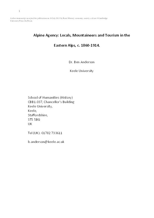 Alpine agency: locals, mountaineers and tourism in the eastern Alps, c. 1860-1914 Thumbnail