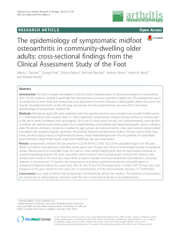 The epidemiology of symptomatic midfoot osteoarthritis in community-dwelling older adults: cross-sectional findings from the Clinical Assessment Study of the Foot Thumbnail