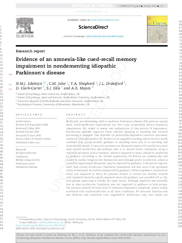 Evidence of an amnesia-like cued-recall memory impairment in nondementing idiopathic Parkinson's disease. Thumbnail