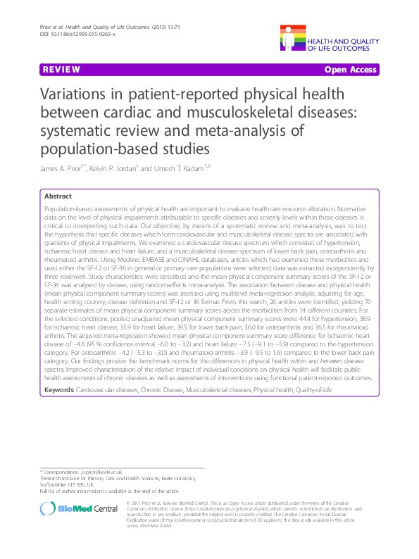 Variations in patient-reported physical health between cardiac and musculoskeletal diseases: systematic review and meta-analysis of population-based studies. Thumbnail