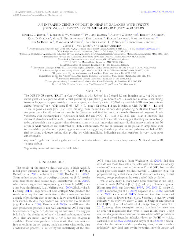 An infrared census of dust in nearby galaxies with Spitxer (Dustings). II. Discovery of metal-poor dusty AGB stars Thumbnail