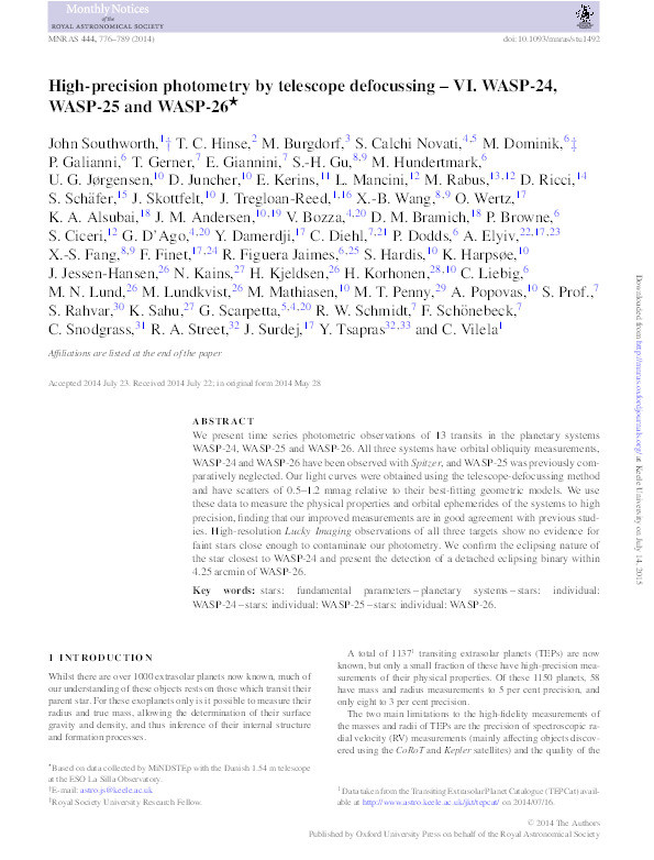 High-precision photometry by telescope defocussing - VI. WASP-24, WASP-25 and WASP-26 Thumbnail