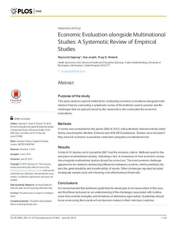 Economic evaluation alongside multinational studies: a systematic review of empirical studies Thumbnail