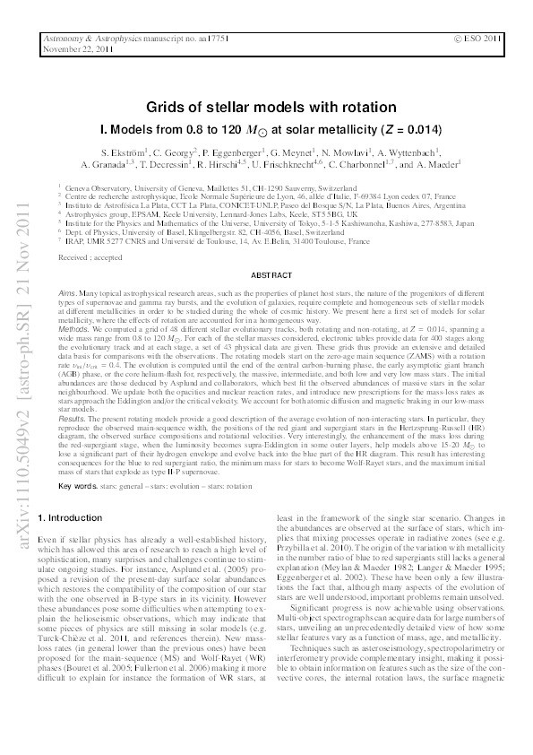 Grids of stellar models with rotation - I. Models from 0.8 to 120 Msun at solar metallicity (Z = 0.014) Thumbnail