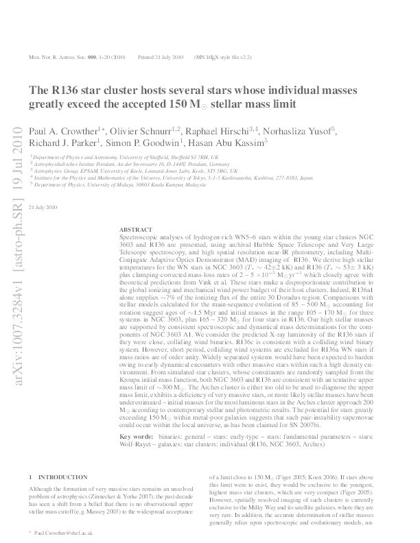 The R136 star cluster hosts several stars whose individual masses greatly exceed the accepted 150 Msun stellar mass limit Thumbnail