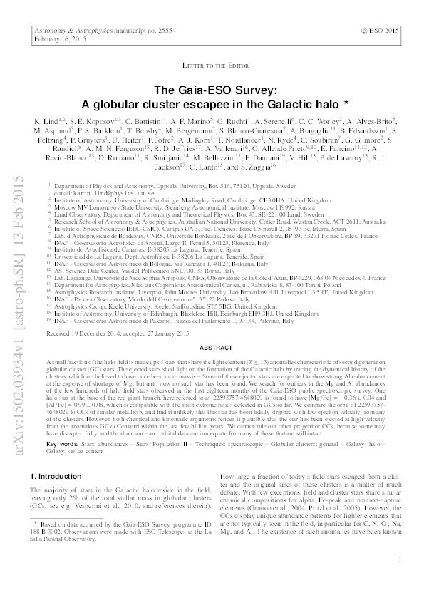 The Gaia-ESO Survey: A globular cluster escapee in the Galactic halo Thumbnail