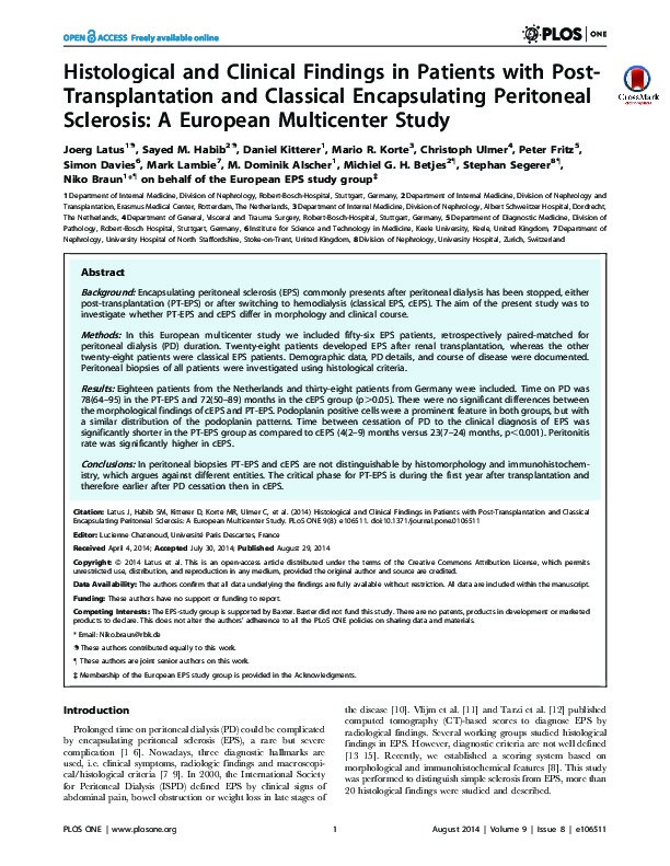 Histological and clinical findings in patients with post-transplantation and classical encapsulating peritoneal sclerosis: a European multicenter study. Thumbnail