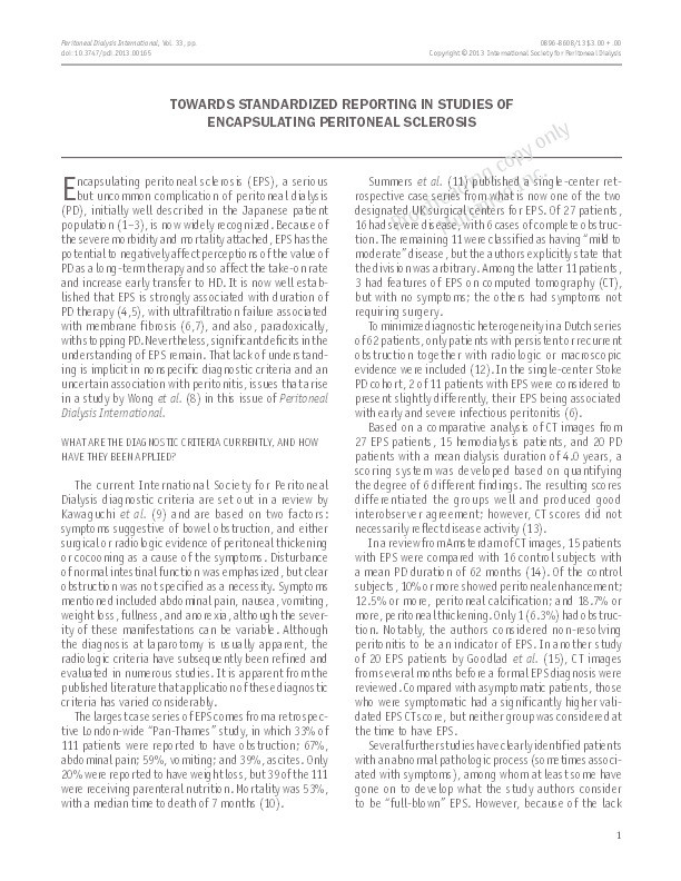 Towards standardized reporting in studies of encapsulating peritoneal sclerosis Thumbnail