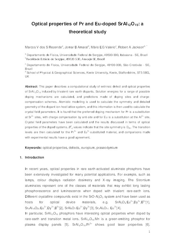 Optical properties of Pr and Eu-doped SrAl12O19: A theoretical study Thumbnail